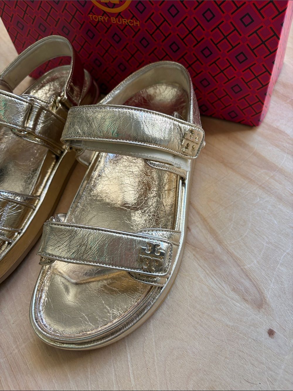 Tory Burch Metallic Gold Adjustable Strap Sandals - Picture 2 of 6